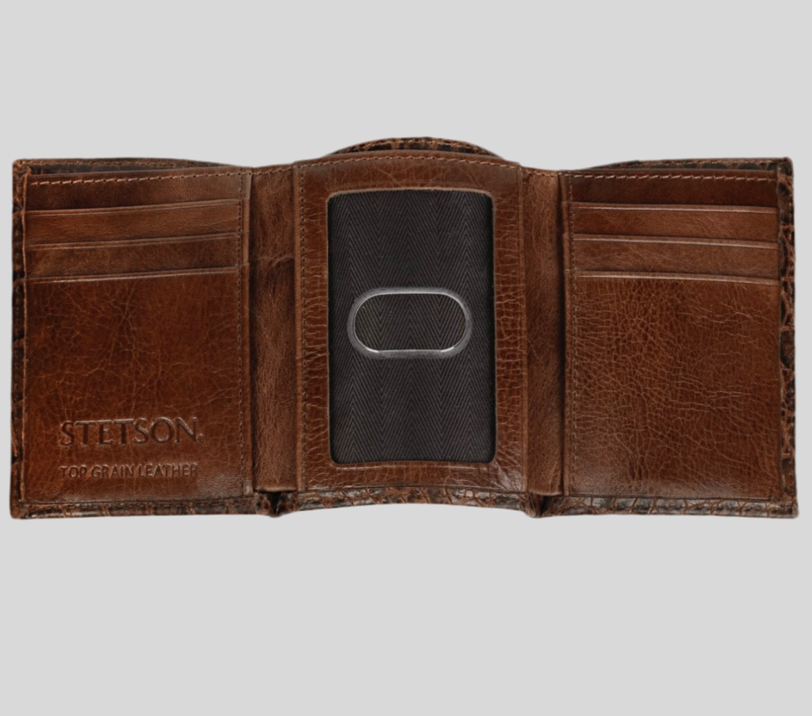 Men’s Stetson Tri-Fold Top Grain Croco Embossed Leather Wallet