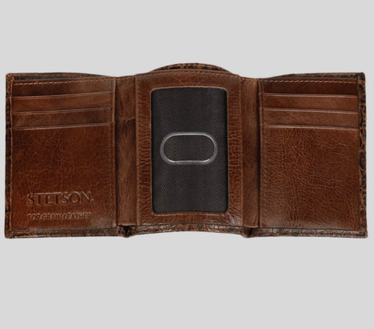 Men’s Stetson Tri-Fold Top Grain Croco Embossed Leather Wallet