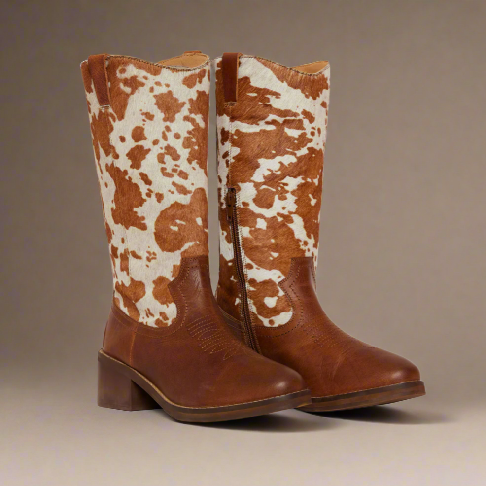 Hairon Cowhide Beige Boots-Round Toe