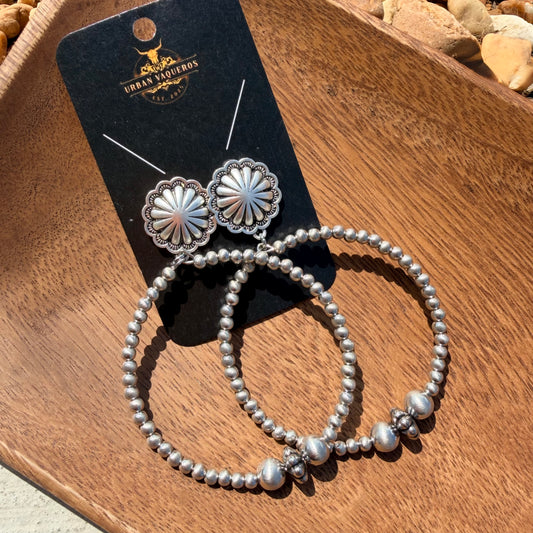 Navajo Bead Hoop Earrings-Silver