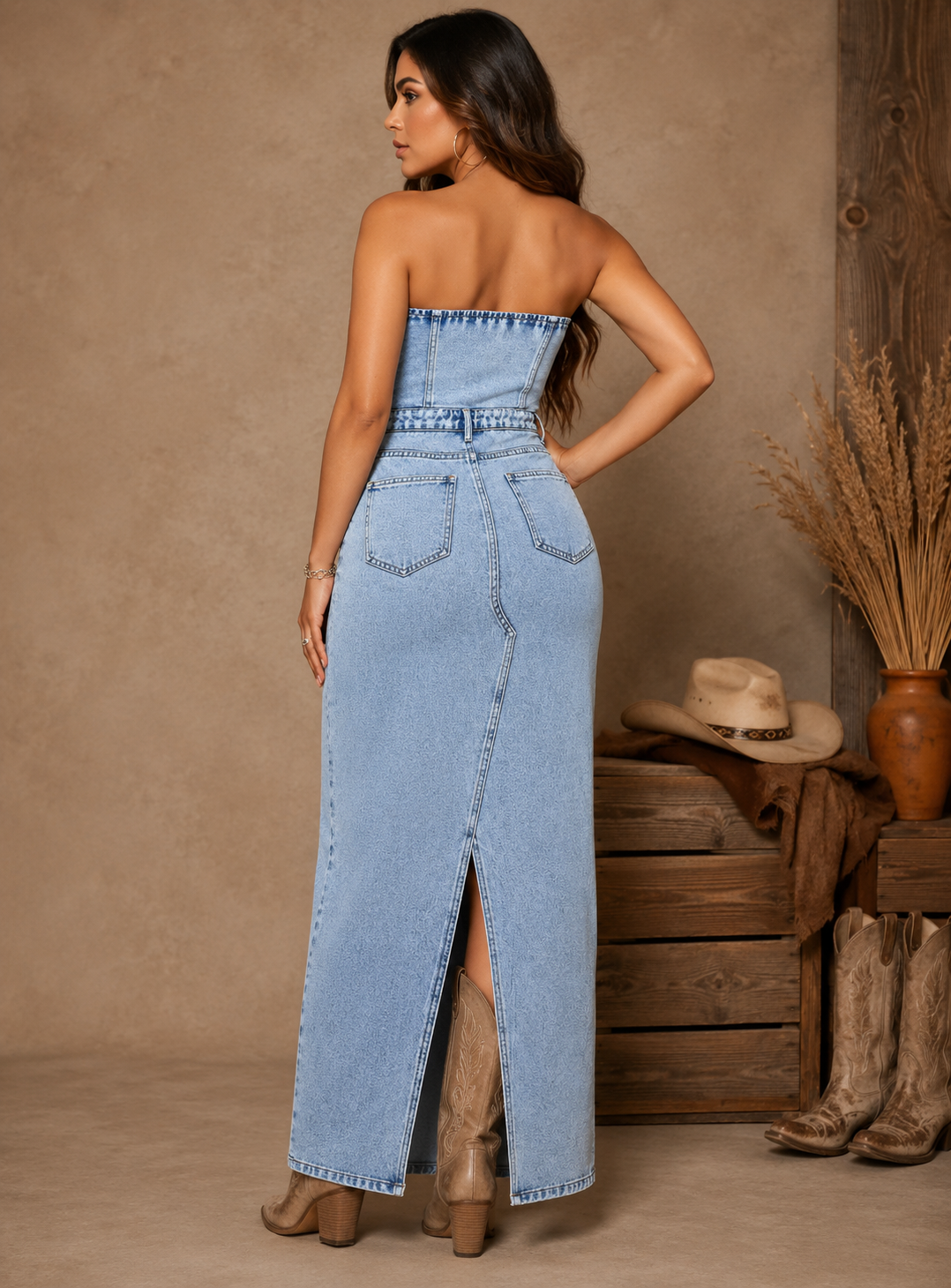 Strapless High Slit Denim Dress-Stone Wash