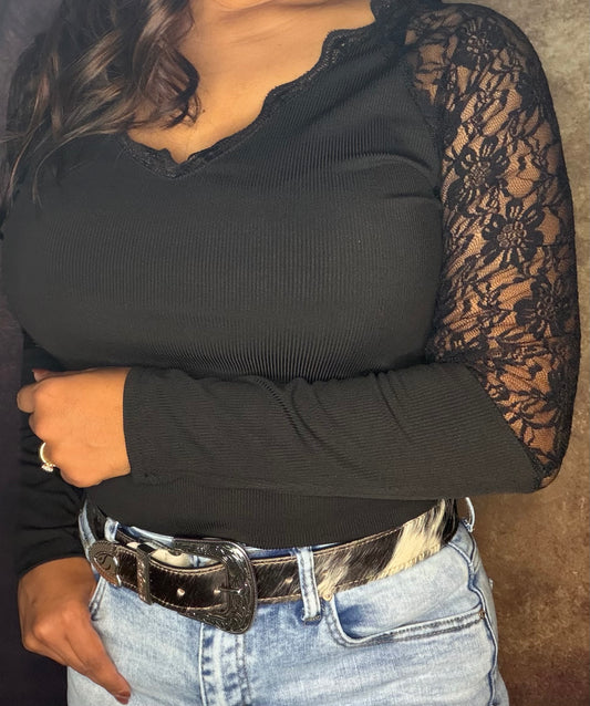 Long Sleeve Lace Top-Black