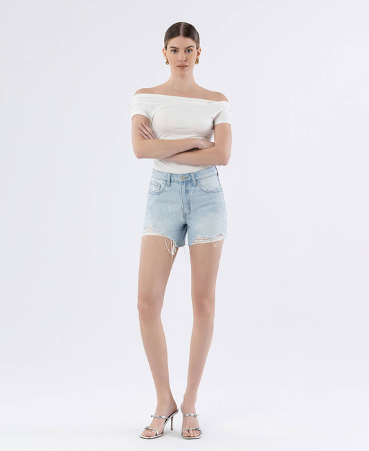 HIGH RISE DISTRESSED RAW HEM A LINE SHORTS