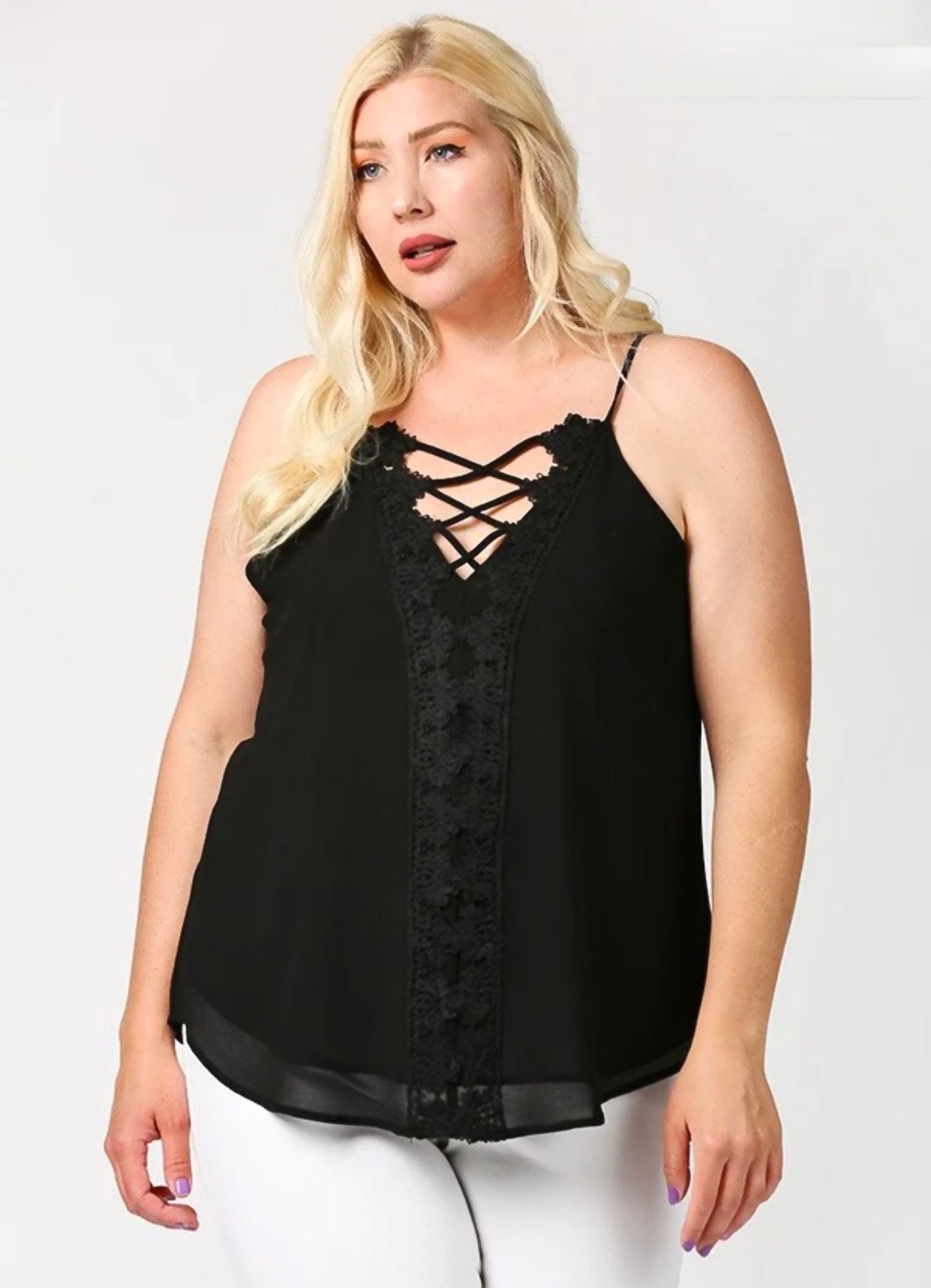 Curvy V-Neckline Lattice Top with Scalloped Lace-Black