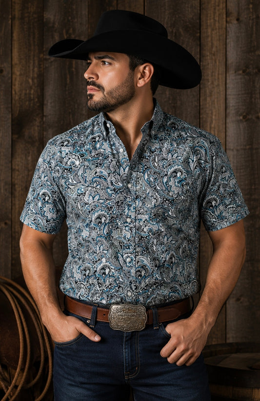 Men's Western Short Sleeve Paisley Pearl Snap-Blue