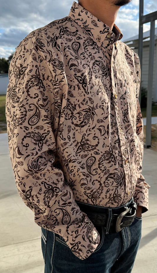 Men’s Paisley Button Down Long Sleeve Shirt-Brown