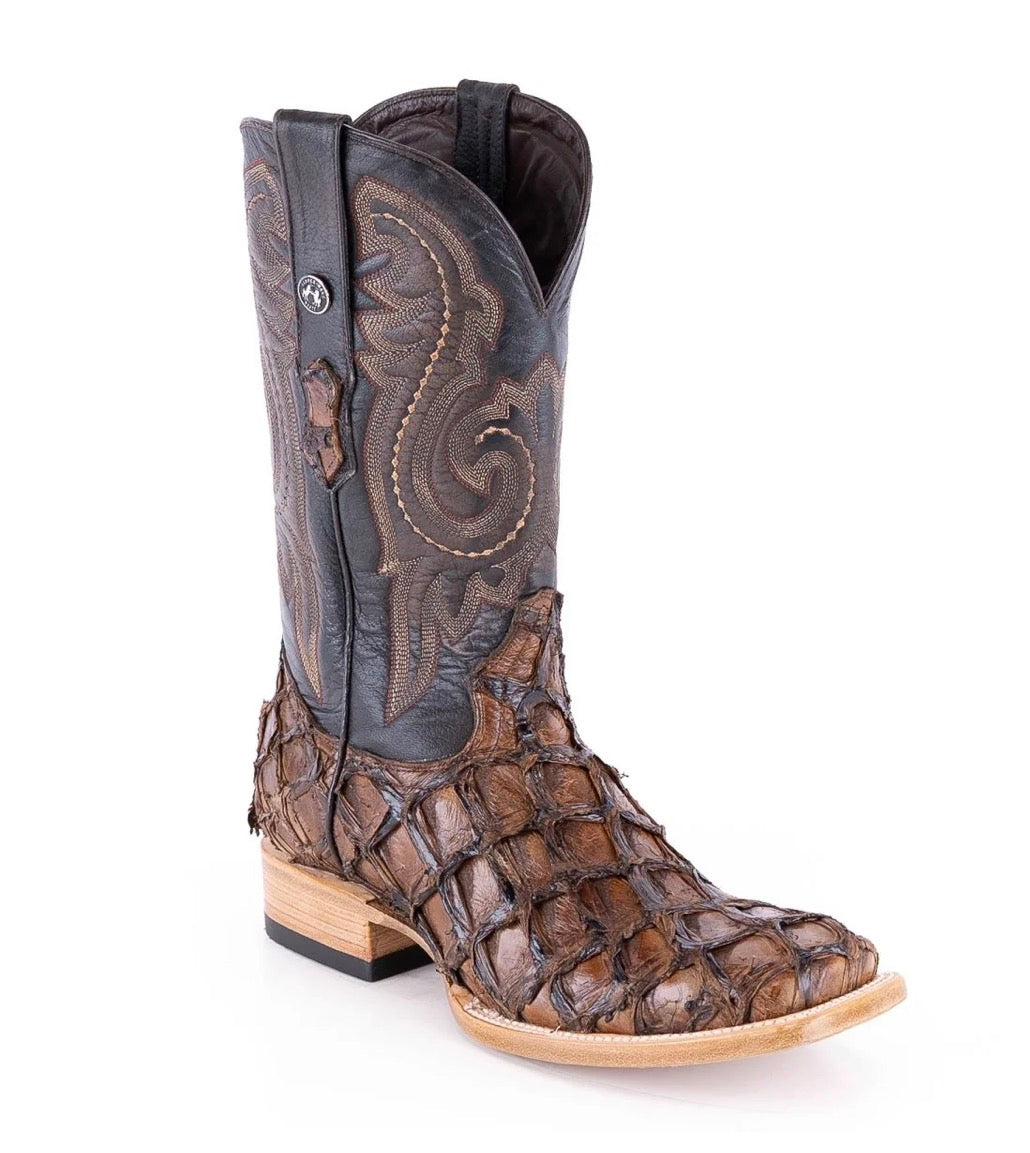TANNER MARK MEN'S EXOTIC LEATHER MONSTER FISH CHOCOLATE BROWN BOOTS
