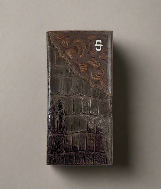 Stetson Brown Top Grain Hand Tooled Western Overlay With Croco Embossed Leather Wallet