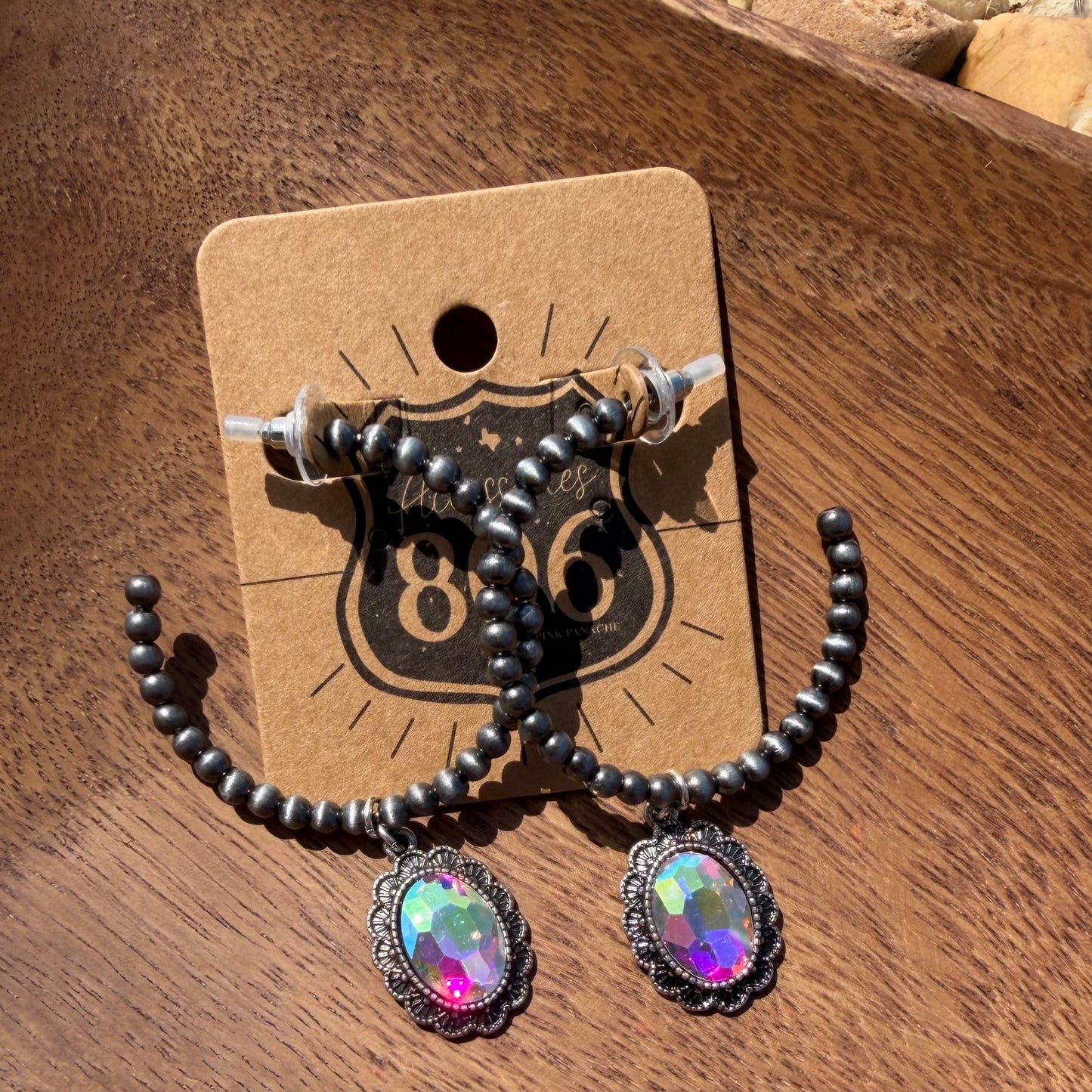 Navajo Style Bead Hoop Earring, Oval Rhinestone Charm