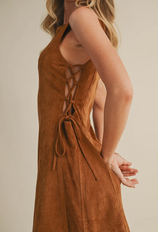 Suede Side Lace Up Sleeveless Boat Neck Mini Dress
