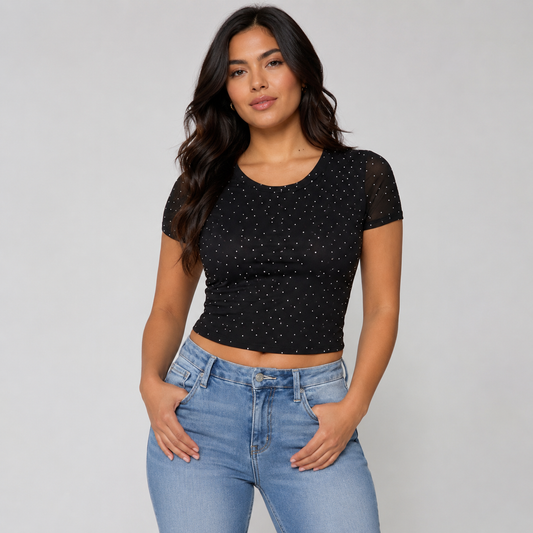 Black Rhinestone Short Sleeve Top