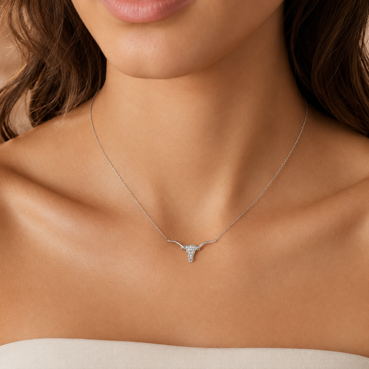 Western Longhorn Skull Necklace-White Gold with Cubic Zirconia