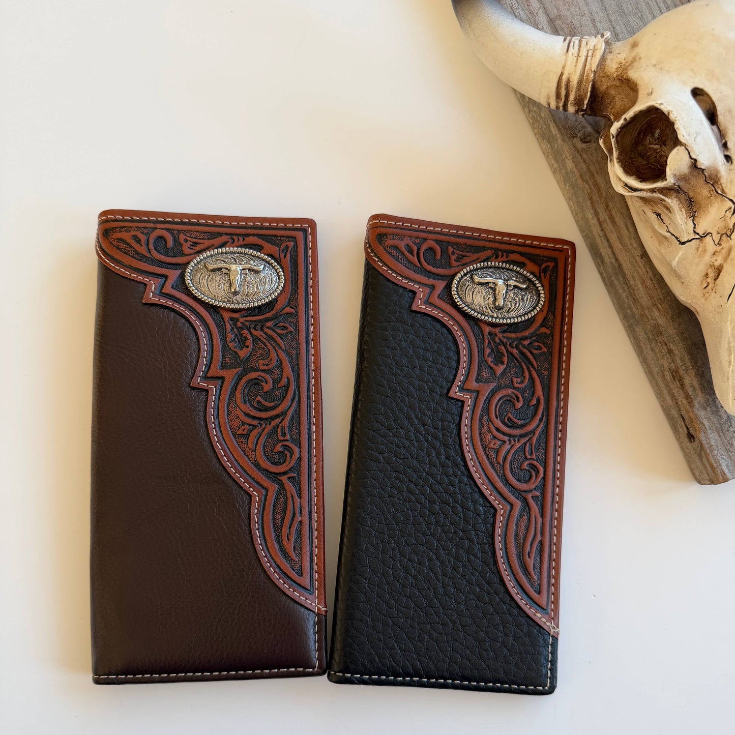 Genuine Tooled Leather Bi-Fold Wallet| Longhorn