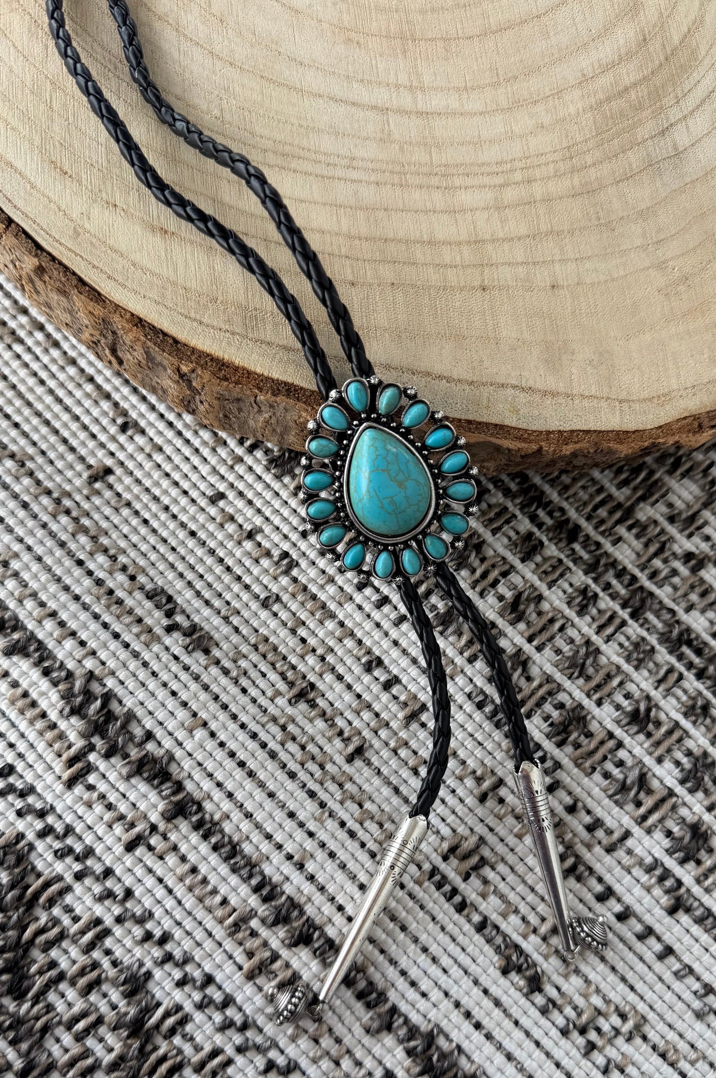 Western Bolo Tie Turquoise Concho Pendant w/ Leather Cord
Necklace and Earrings Set