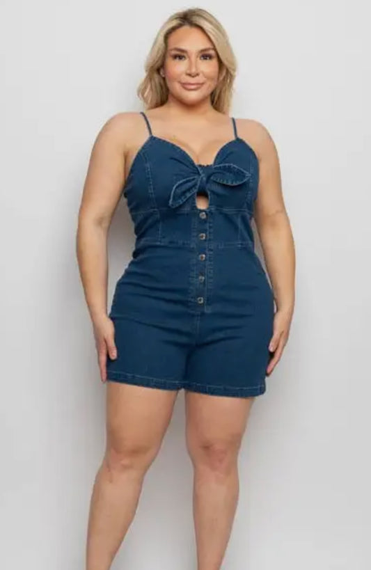 Curvy/Plus Size Denim Sweetheart Neck Tie Front Detail Button Down
