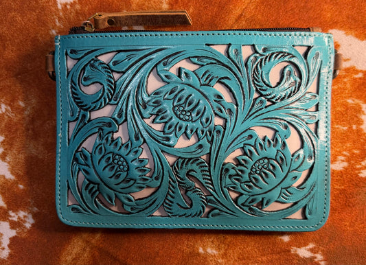 Tooled Leather Crossbody-Turquoise