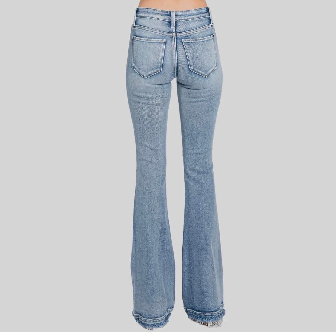 Women’s Mid Rise Stretch Flare Jean with Frayed Trouser Hem