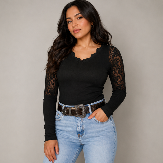 Long Sleeve Lace Top-Black