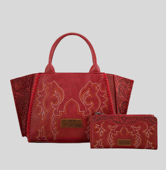 WRANGLER EMBROIDERED BOOT SCROLL TOTE BAG AND BIFOLD WALLET SET