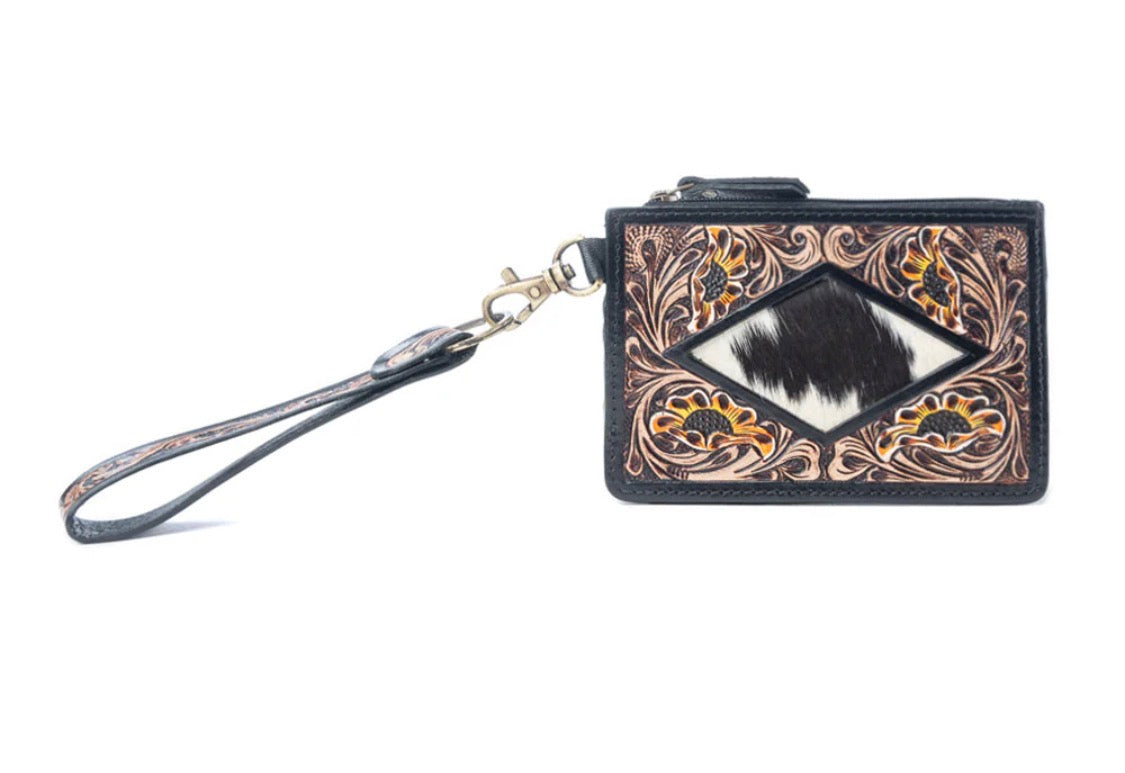 Lone Eclipse Handtooled Hairon Leather Card Holder In Saddle Storm
