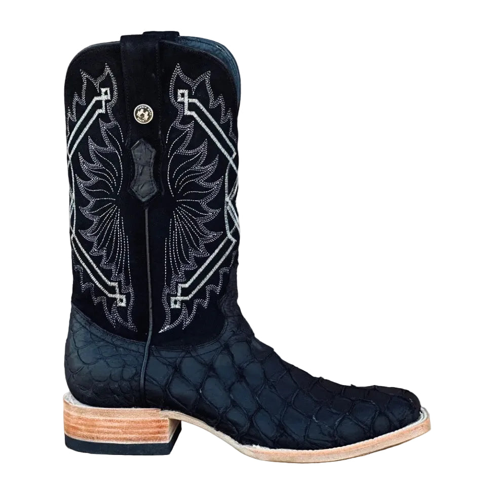 TANNER MARK MEN'S EXOTIC LEATHER MATTE MONSTER FISH BLACK BOOTS