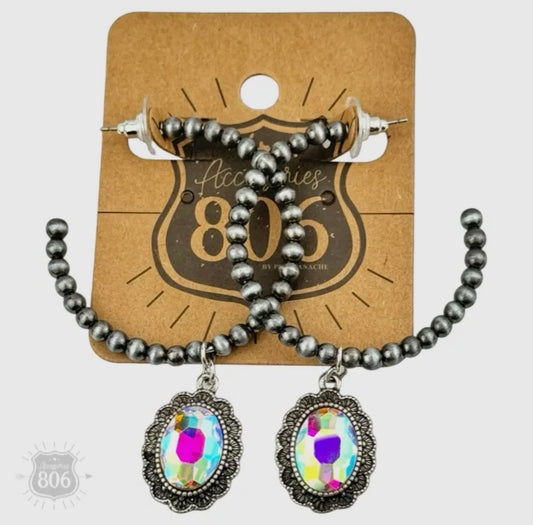 Navajo Style Bead Hoop Earring, Oval Rhinestone Charm