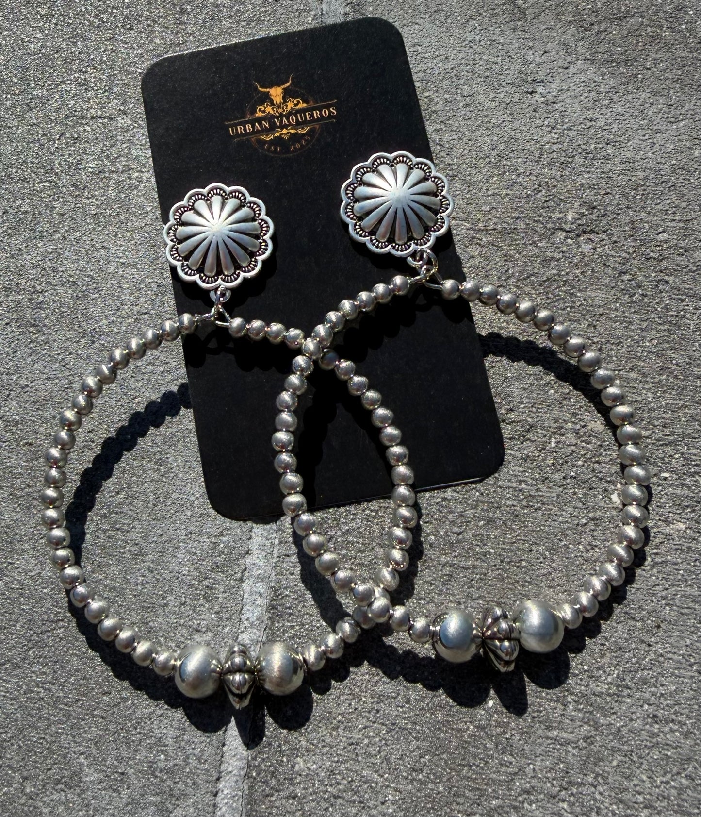 Navajo Bead Hoop Earrings-Silver