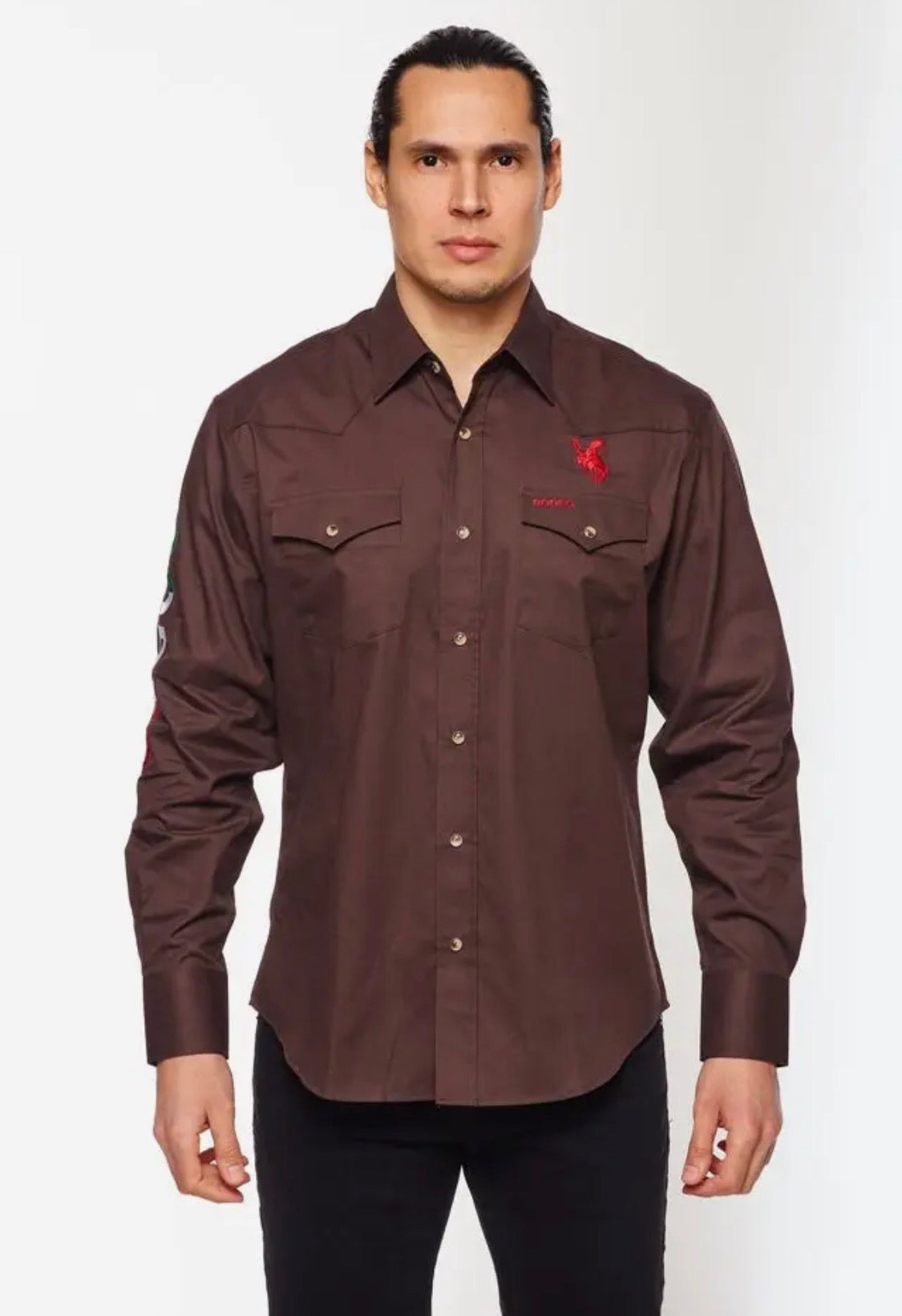 Men’s Rodeo Clothing Co. Western Rodeo Embroidered Signature Logo Shirt-Brown Mex