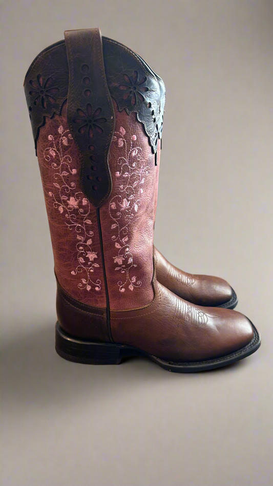 Pink Embroidered Cowgirl Boots-Square Toe Damiana Tan