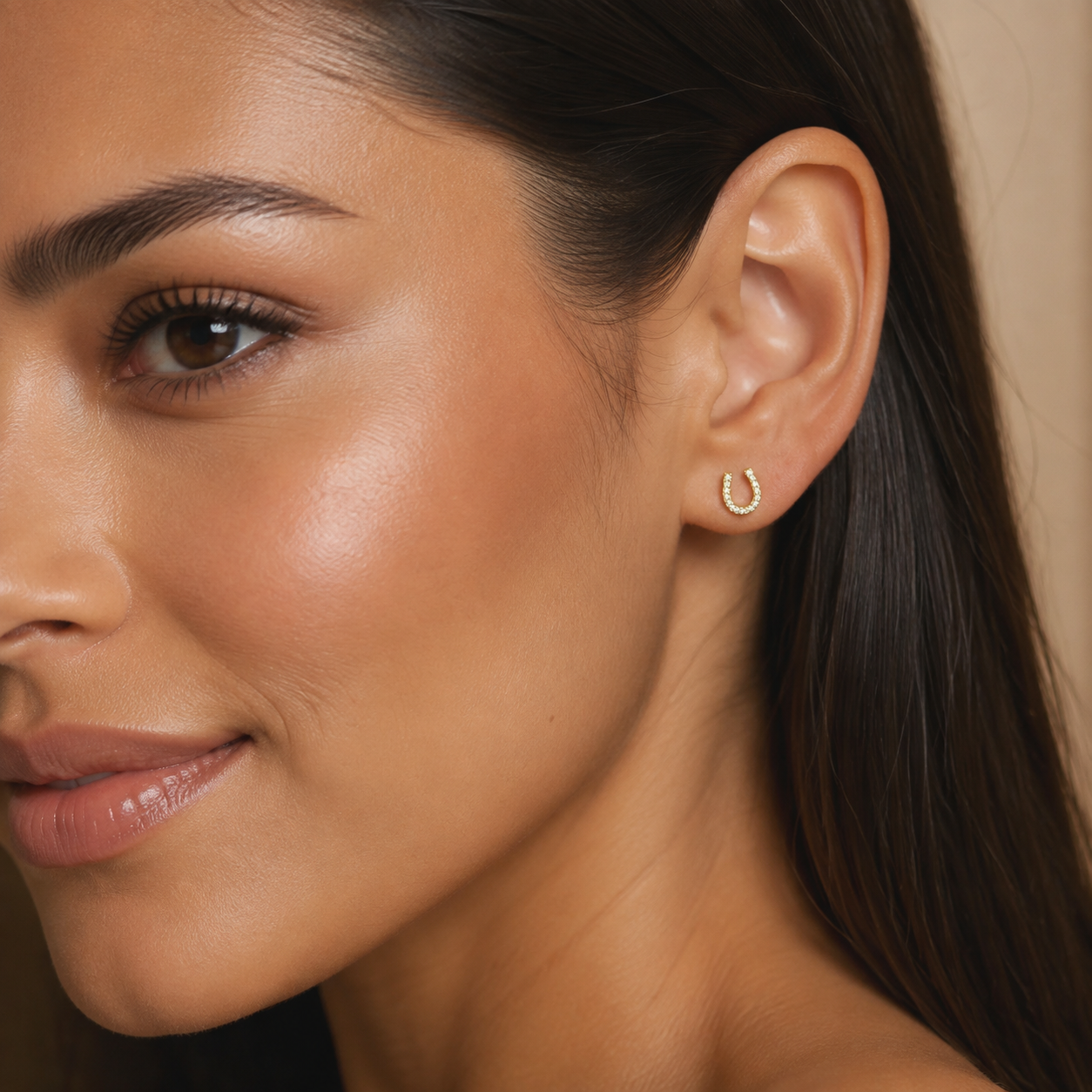 Horseshoe Stud Earrings with Cubic Zirconia-Gold