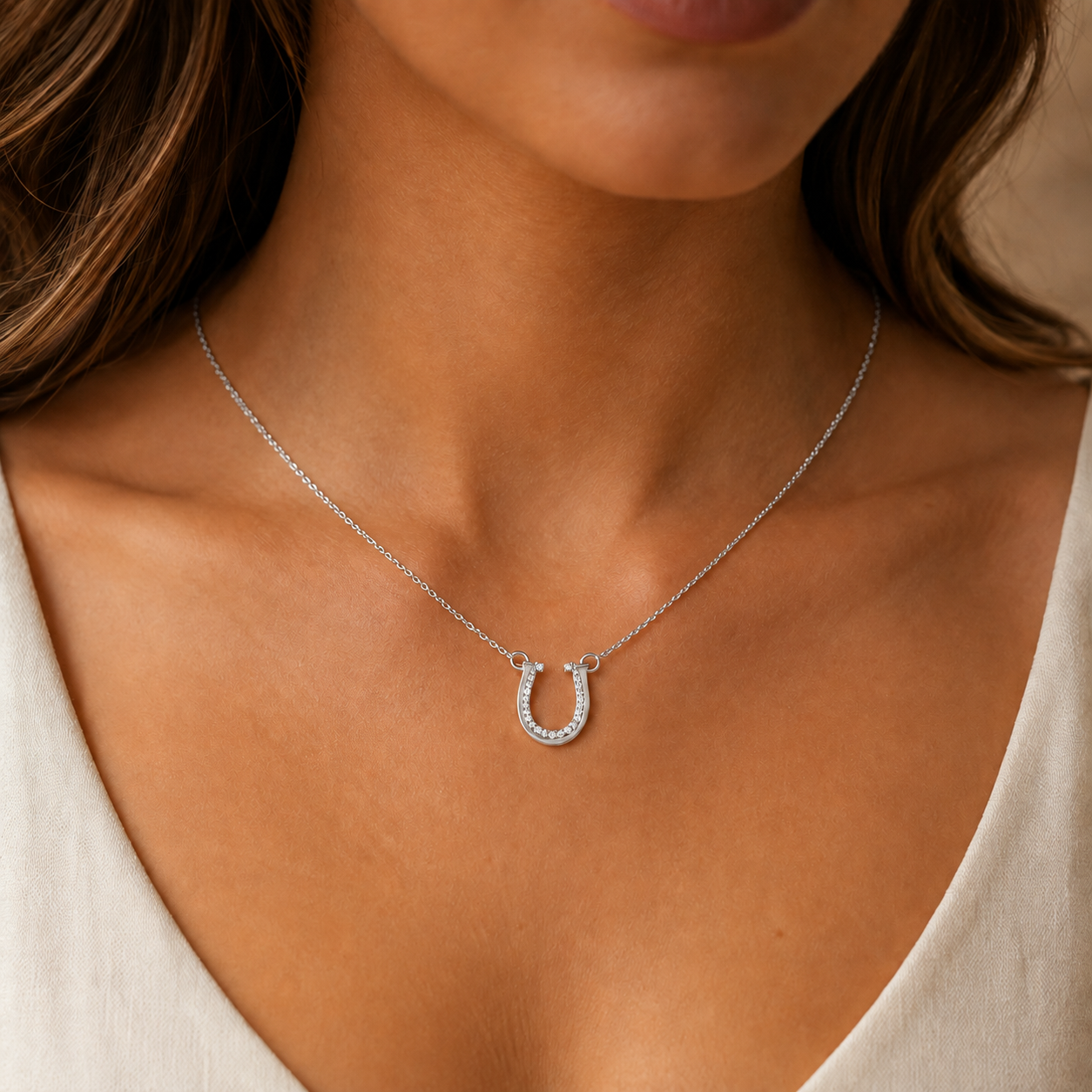 Horseshoe Pendant Necklace-White Gold