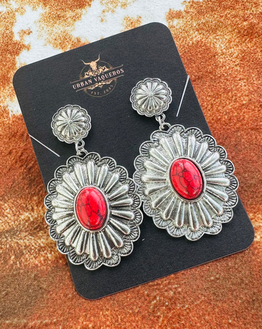 Oval Western Concha Earrings-Red