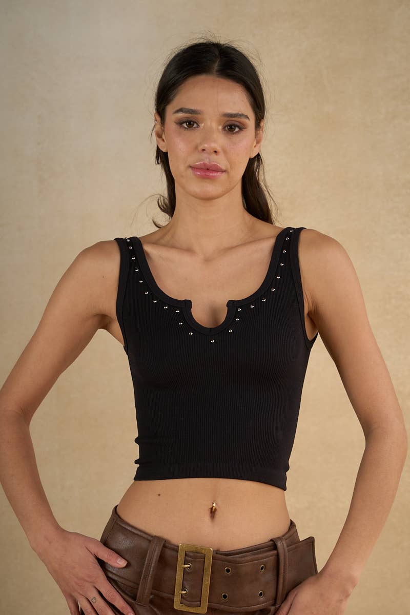 Ribbed Studded Notch-Neck Crop Tank