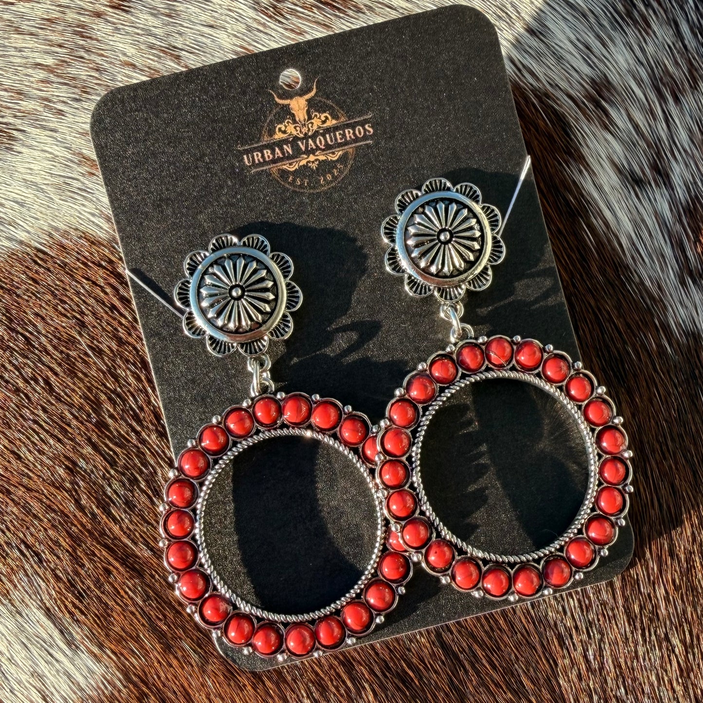 Western Round Concho Earrings-Red