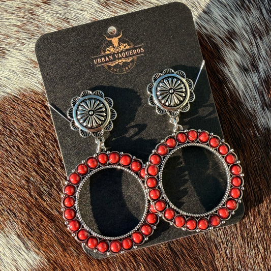 Western Round Concho Earrings-Red