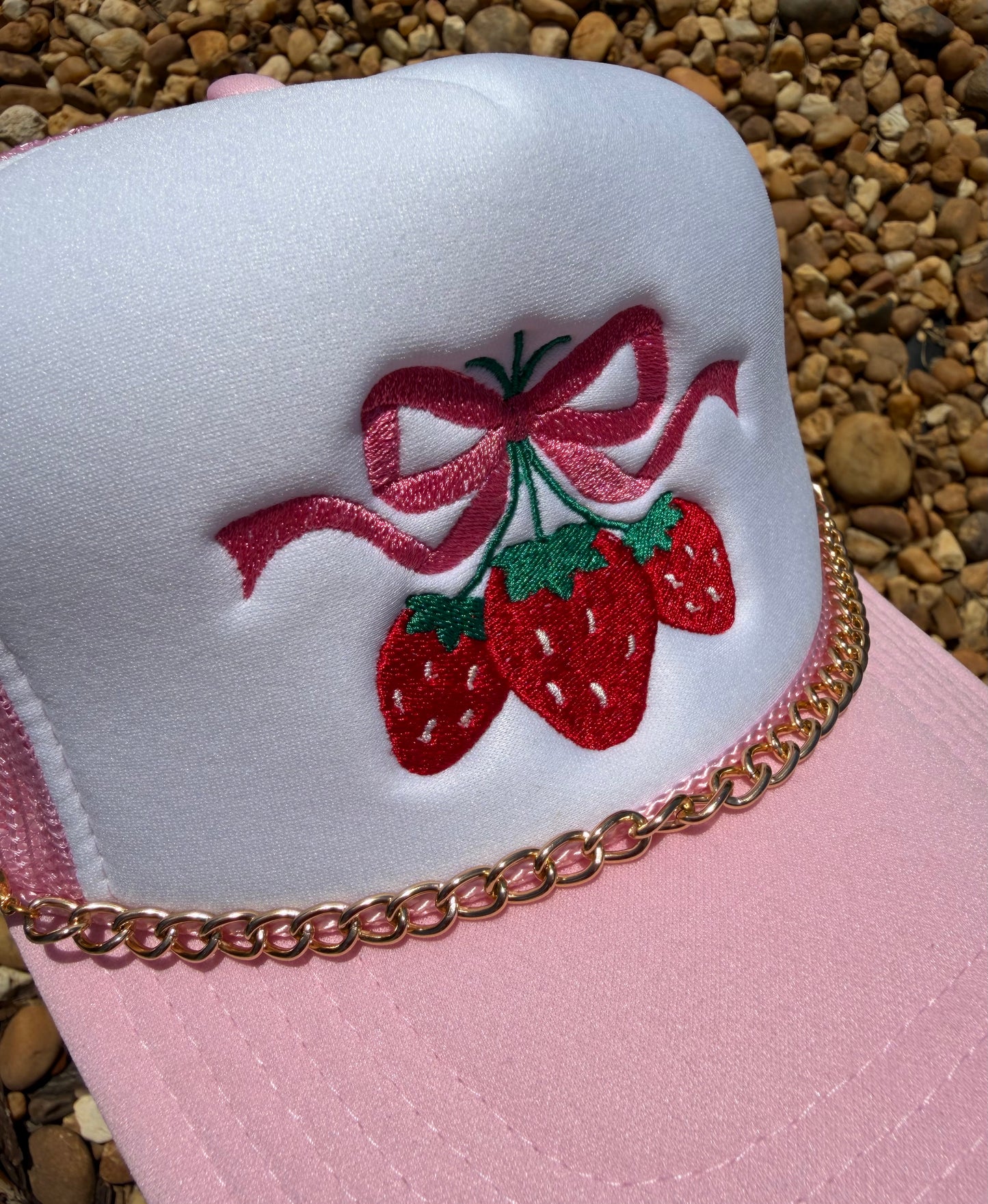 Strawberries & Bow
Embroiled Trucker
Hat and Chain