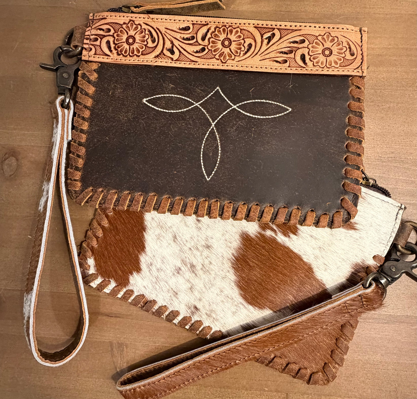 Boot-stitch Tooled Hairon Wristlet