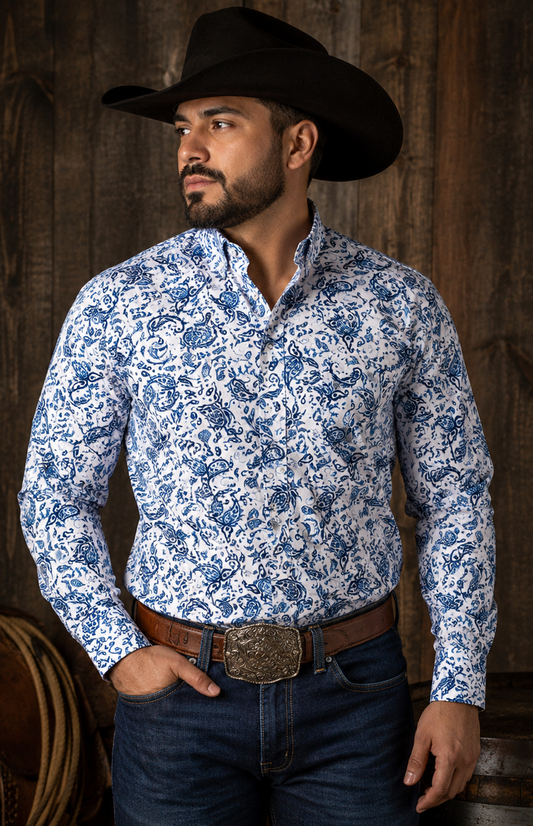Men’s Western Paisley Button Down Shirt-Blue