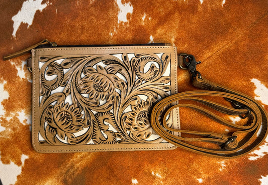 Tooled Leather Crossbody-Brown