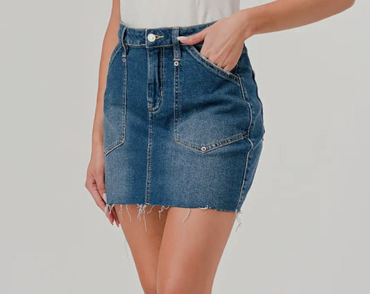 Women’s Low Rise Raw Hem Mini Skirt-Dark Washed