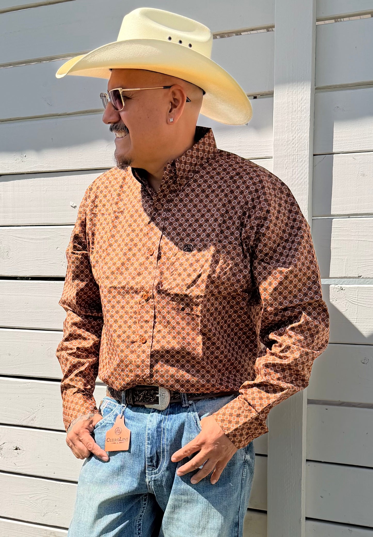 CueroLine Brown Rust Geometric Print Classic Button Up Shirt