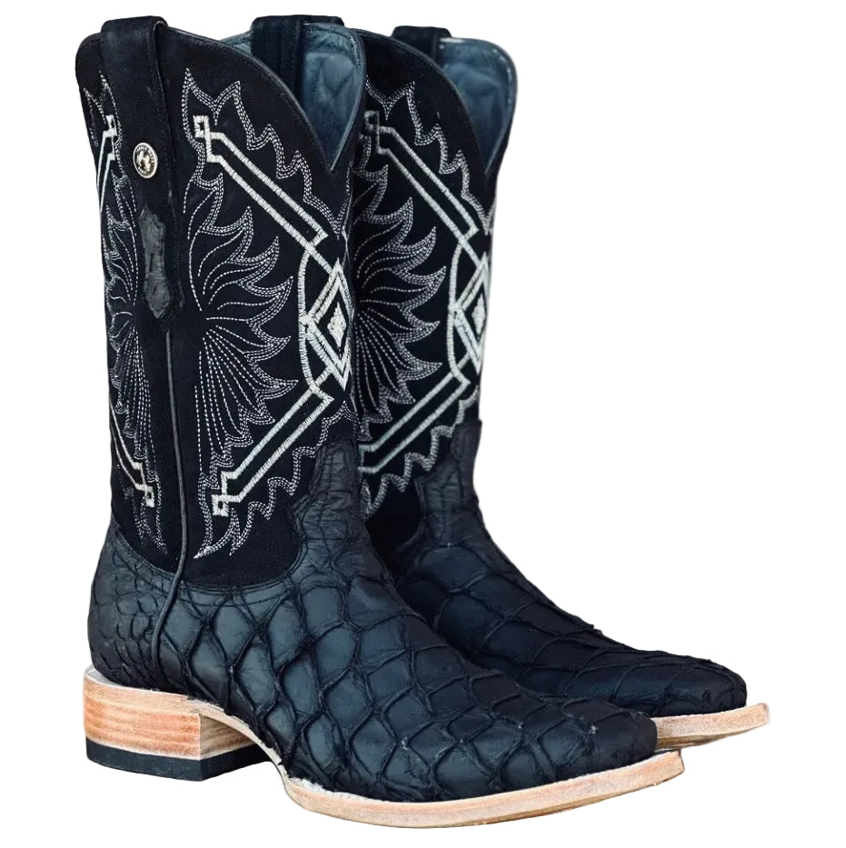 TANNER MARK MEN'S EXOTIC LEATHER MATTE MONSTER FISH BLACK BOOTS