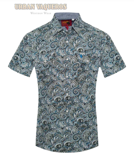 Men's Western Short Sleeve Paisley Pearl Snap-Blue