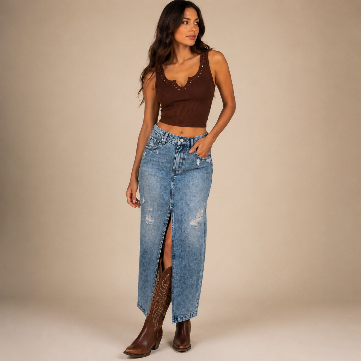 Women’s Destroyed Rigid Maxi Skirt w/ Split Hem Jean Skirt