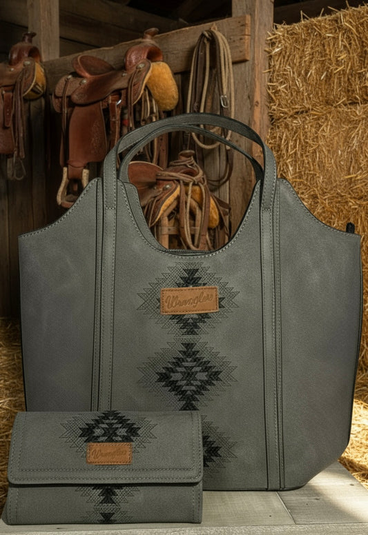 Wrangler Aztec Embroidered Tote Bag and Wallet-Black