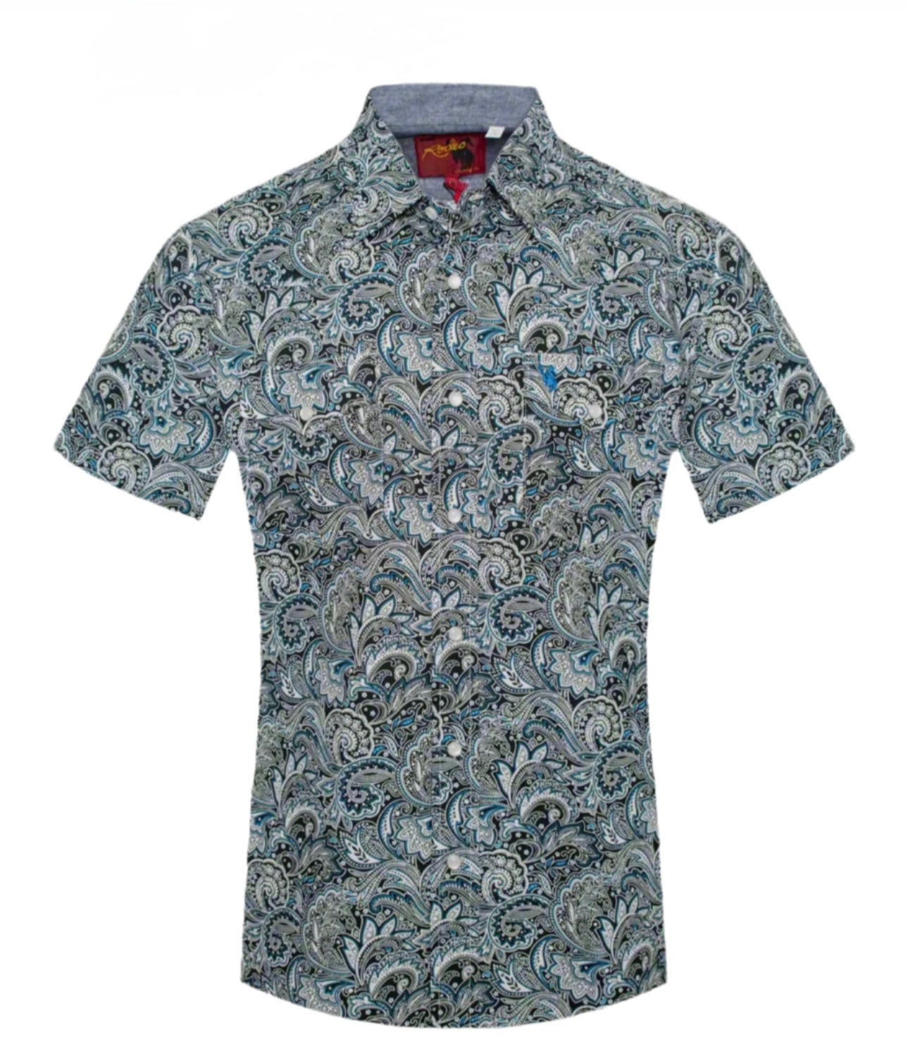 Men's Western Short Sleeve Paisley Pearl Snap-Blue