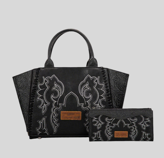 WRANGLER EMBROIDERED BOOT SCROLL TOTE BAG AND BIFOLD WALLET SET