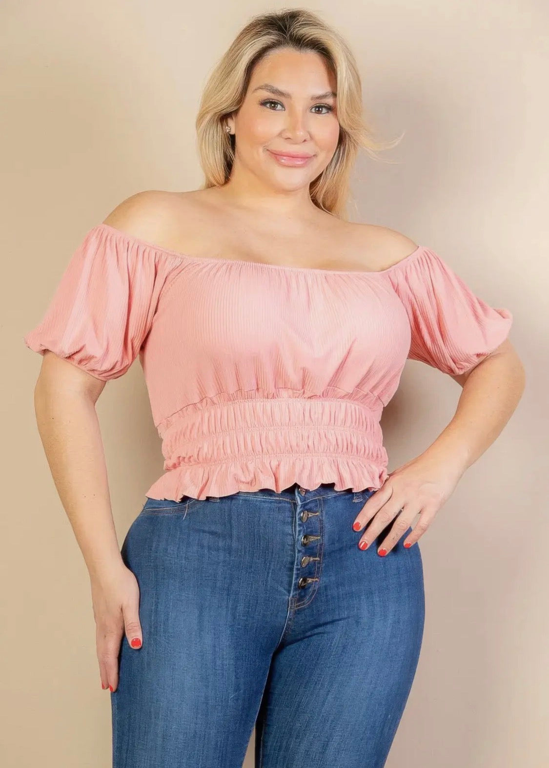 Curvy Casual Ruched Puff Sleeve Ribbed Knit Solid Top-Blush