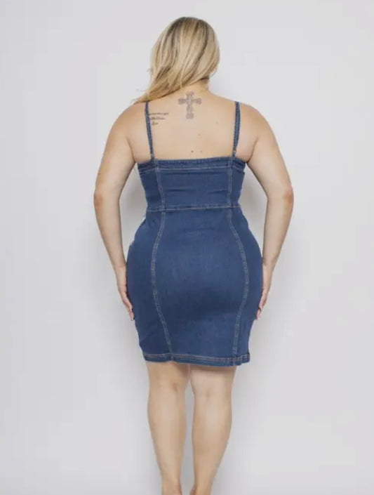 Curvy/Plus Size Denim Square Neck Button-Down Mini Dress with Side Pockets