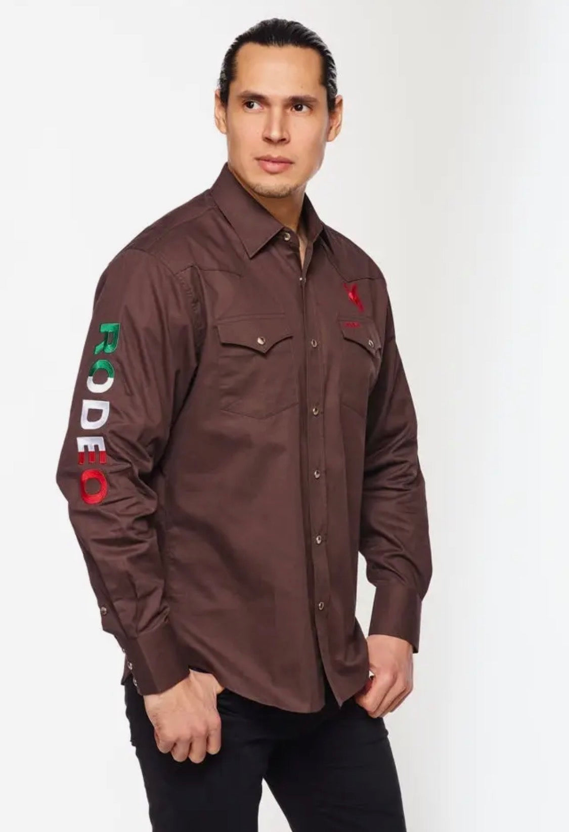Men’s Rodeo Clothing Co. Western Rodeo Embroidered Signature Logo Shirt-Brown Mex
